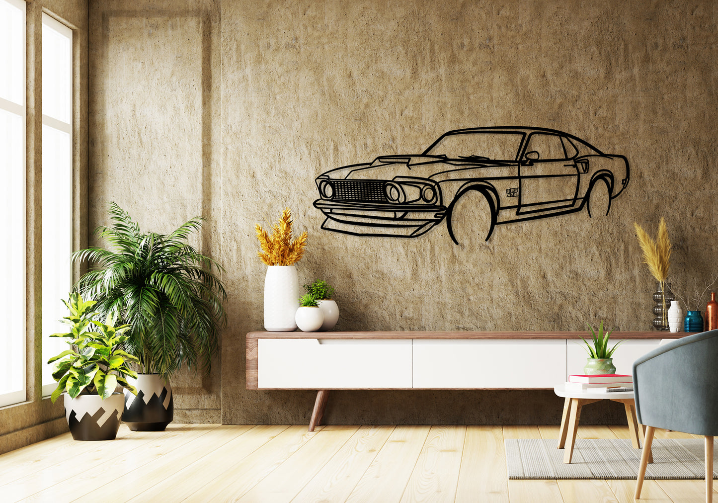 1969 ford mustang boss 429 - Front Angle Silhouette Metal Wall Art